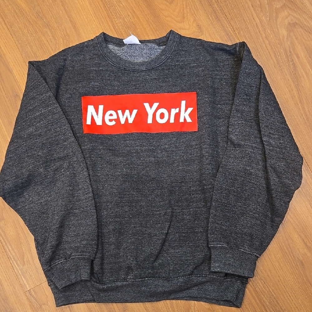 Gray Crewneck Sweater with Red New York Design